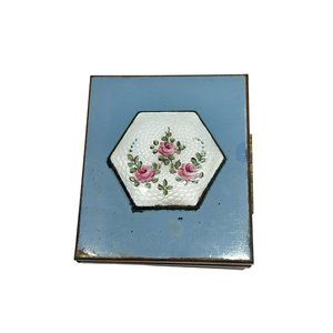 Vintage Guilloche Photo Holder Blue Teal Floral with Original Antique Photos